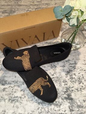 VIVAIA Round-Toe Embroidered Loafers- Black Cheetah